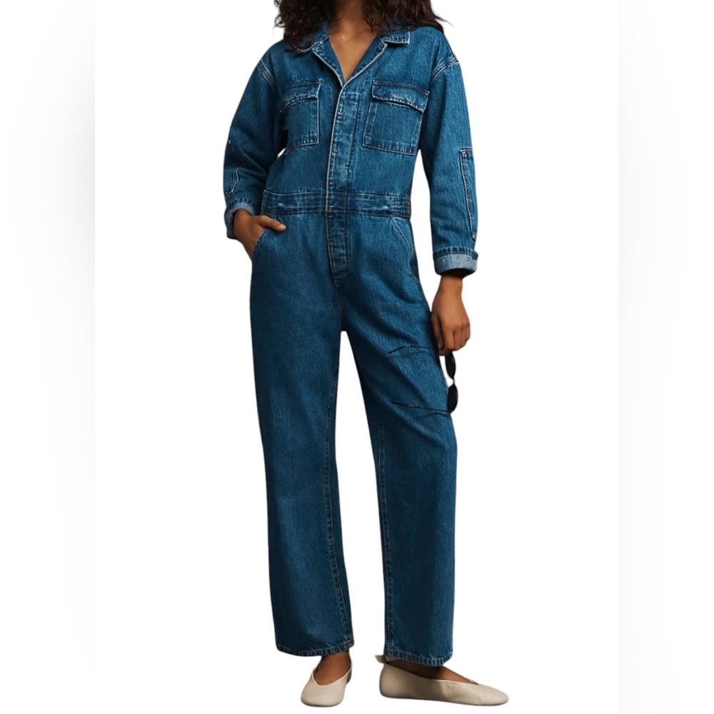ETICA Larson Size Large Relax-Fit Dark Blue Denim Utility Jumpsuit Coveralls NWT